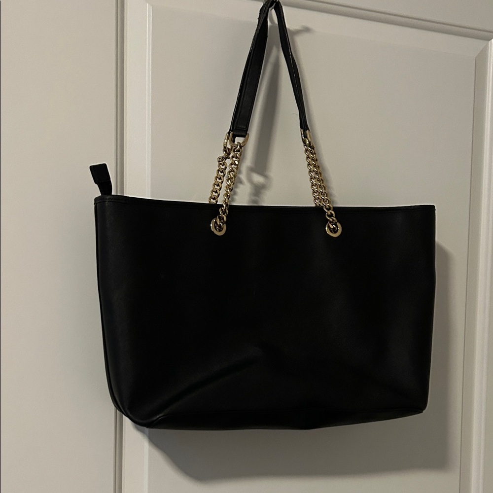 Black Tote Bag with Gold Chain Accent
